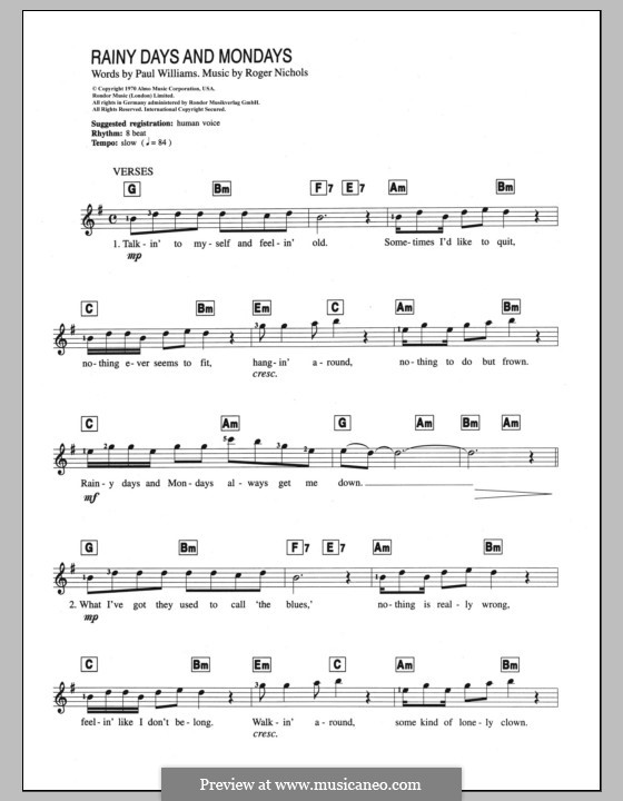 Rainy Days And Mondays Sheet Music | Carpenters | Solo Guitar