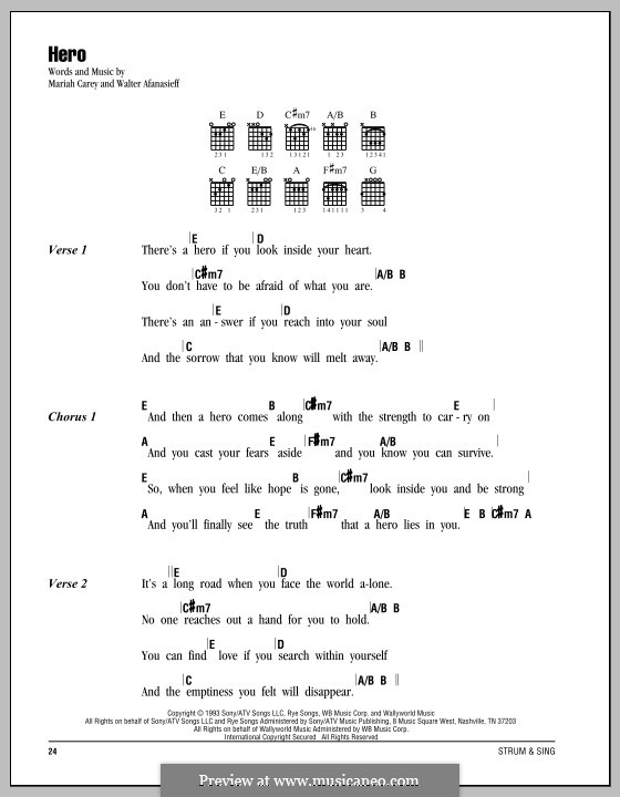Hero: Lyrics and chords by Mariah Carey, Walter Afanasieff