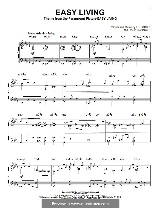 Easy Living (Billie Holiday): For piano by Leo Robin, Ralph Rainger