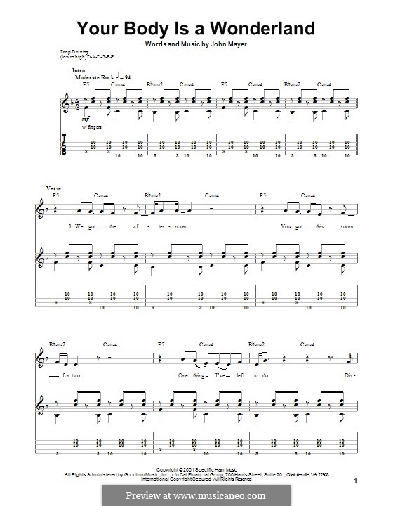 Your Body Is a Wonderland: For guitar with tab by John Mayer