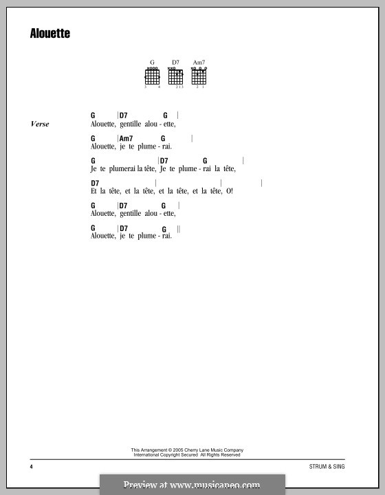 Alouette: Lyrics and chords by folklore