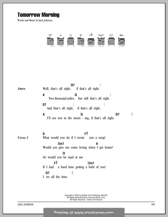 Tomorrow Morning: Lyrics and chords by Jack Johnson