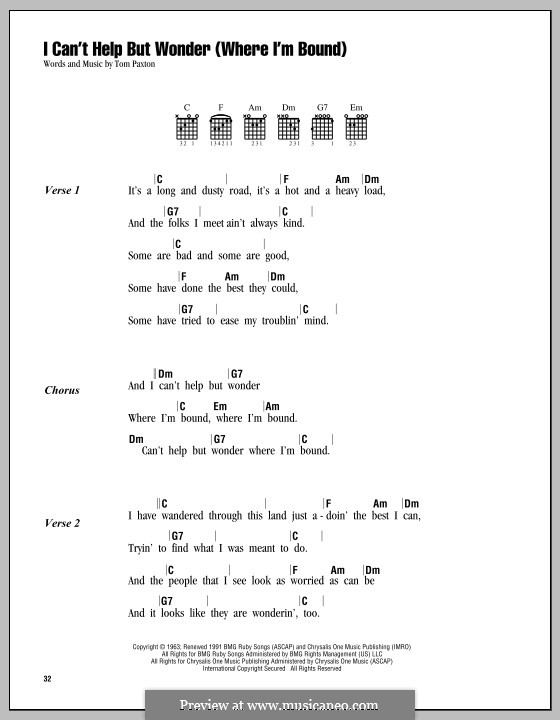 I Can't Help But Wonder (Where I'm Bound): Lyrics and chords by Tom Paxton