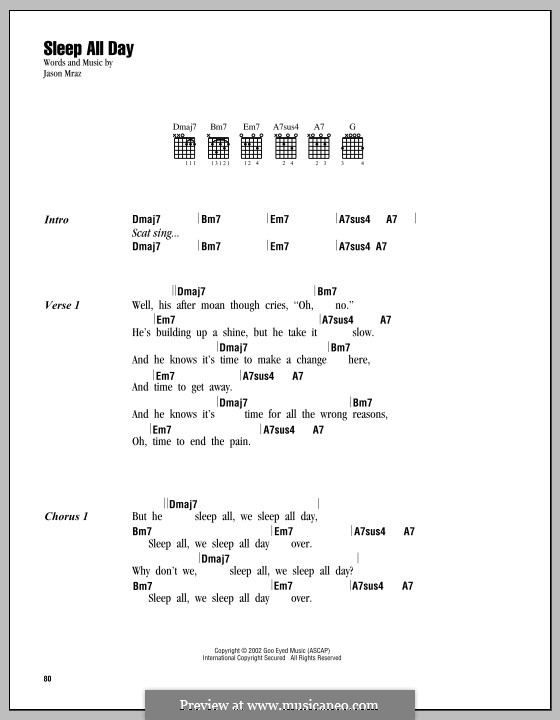 Sleep All Day: Lyrics and chords by Jason Mraz