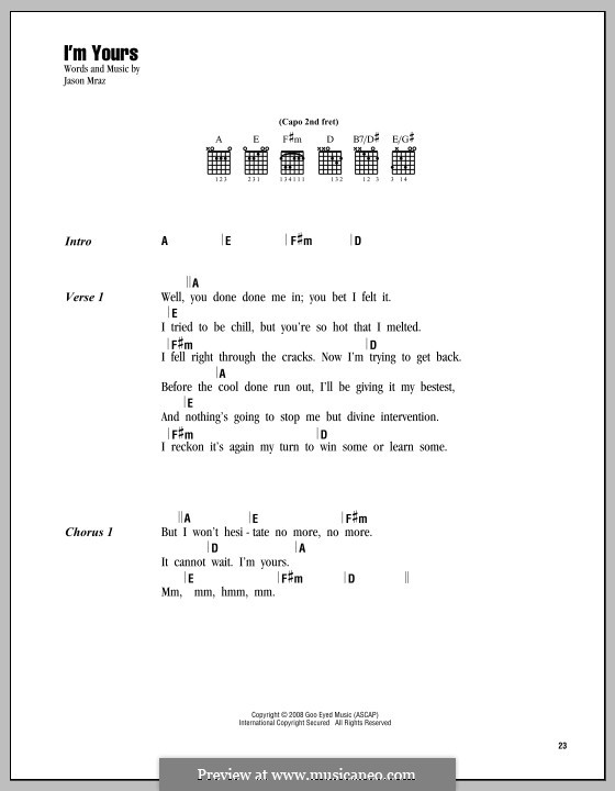 I'm Yours: Lyrics and chords by Jason Mraz