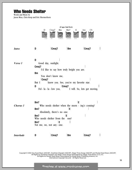 Who Needs Shelter: Lyrics and chords by Chris Keup, Eric Shermerhorn