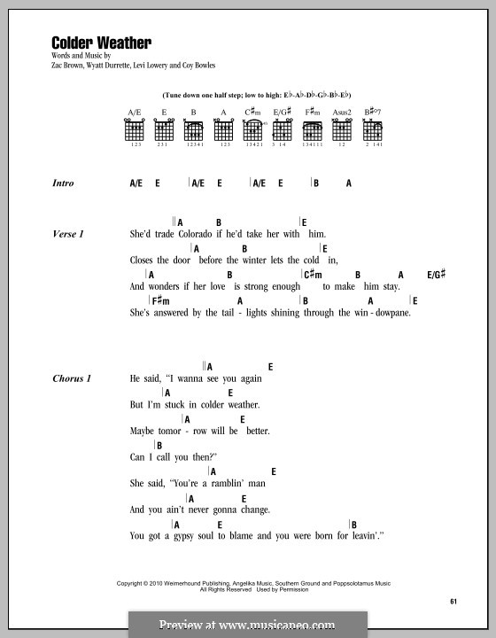 Colder Weather (Zac Brown Band): Lyrics and chords by Coy Bowles, Levi Lowery, Wyatt Durrette, Zac Brown