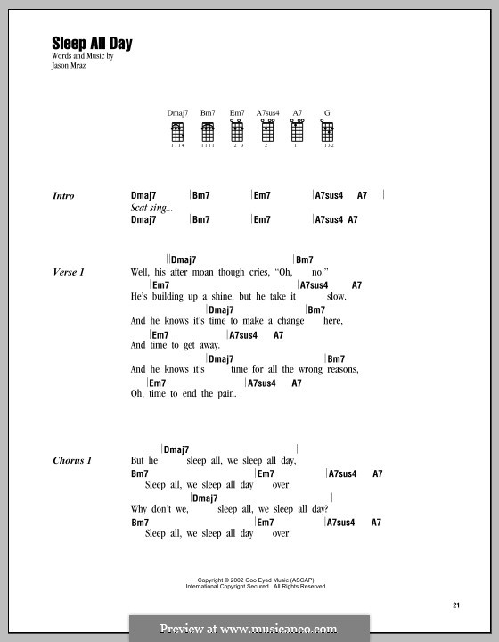 Sleep All Day: For ukulele by Jason Mraz