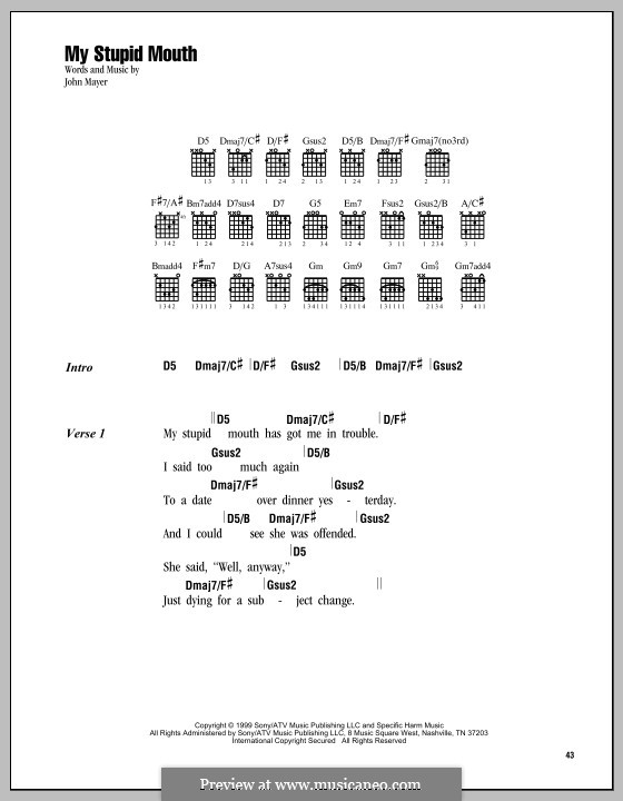 My Stupid Mouth: Lyrics and chords by John Mayer