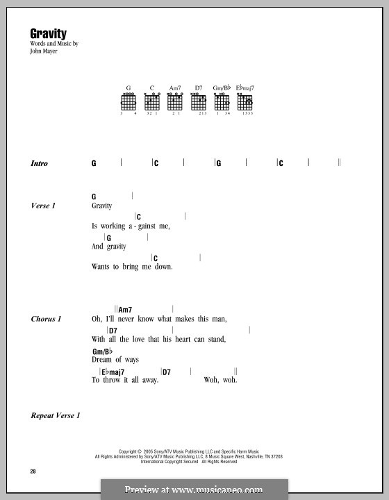 Gravity: Lyrics and chords by John Mayer