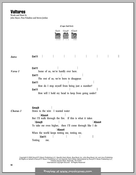 Vultures (John Mayer): Lyrics and chords by Pino Paladino, Steven Jordan