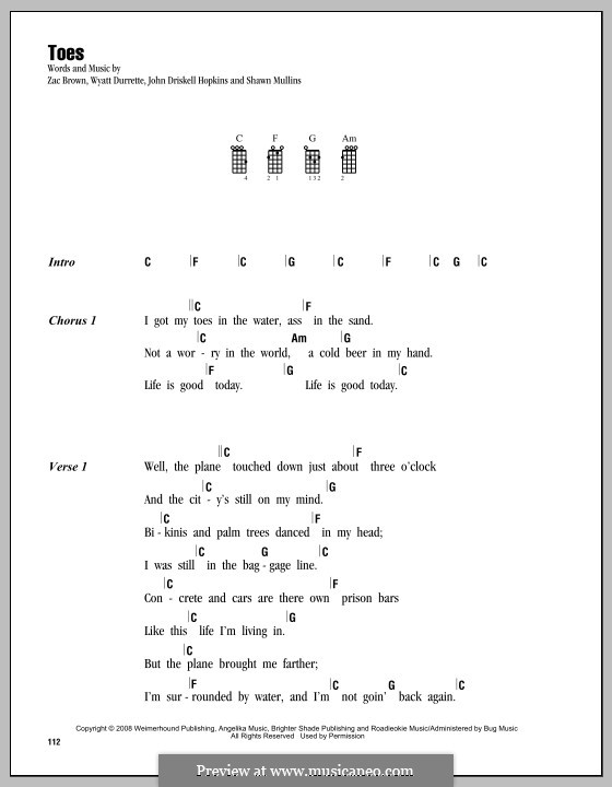 Toes (Zac Brown Band): For ukulele by John Driskell Hopkins, Shawn Mullins, Wyatt Durrette, Zac Brown