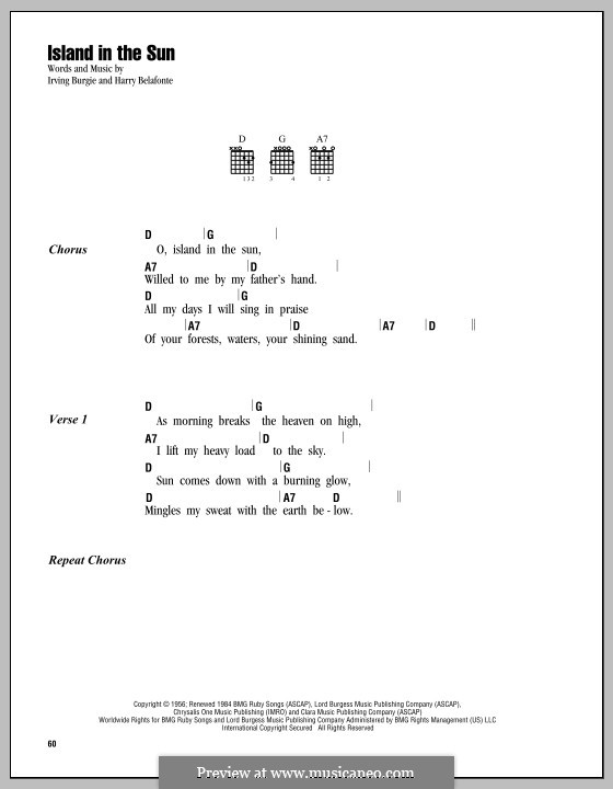 Island in the Sun (Harry Belafonte): Lyrics and chords by Irving Burgie
