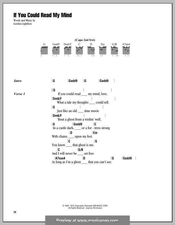 If You Could Read My Mind: Lyrics and chords by Gordon Lightfoot