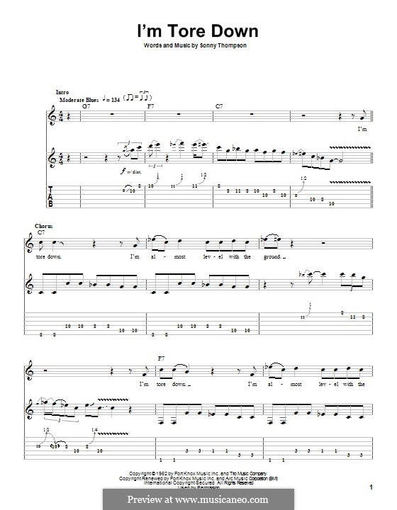 I'm Tore Down (Eric Clapton): For guitar with tab by Sonny Thompson