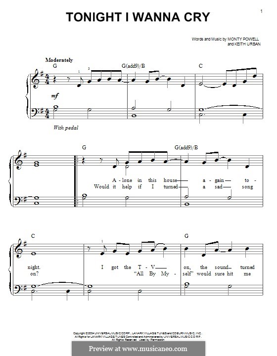 Tonight I Wanna Cry: For piano by Keith Urban, Monty Powell