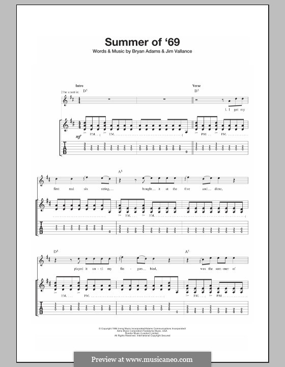 Summer of '69: For guitar with tab by Bryan Adams, Jim Vallance