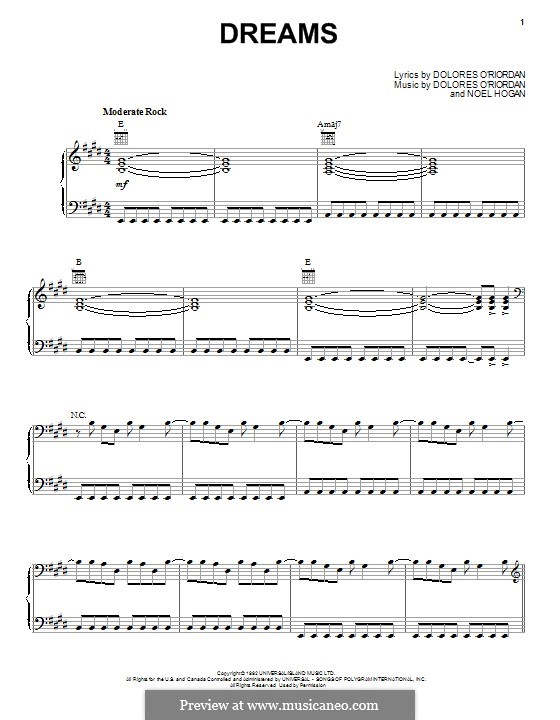 Dreams (The Cranberries): For voice and piano (or guitar) by Dolores O'Riordan, Noel Hogan