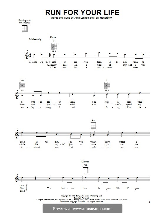 Run for Your Life (The Beatles): For guitar with tab by John Lennon, Paul McCartney