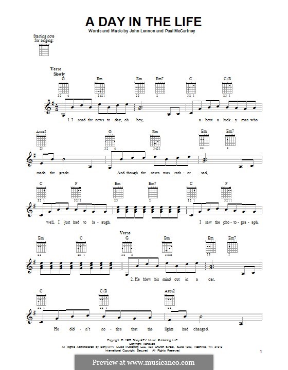 A Day in the Life (The Beatles): For guitar by John Lennon, Paul McCartney