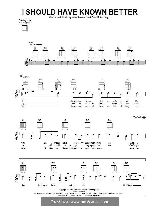 I Should Have Known Better (The Beatles): For guitar with tab by John Lennon, Paul McCartney