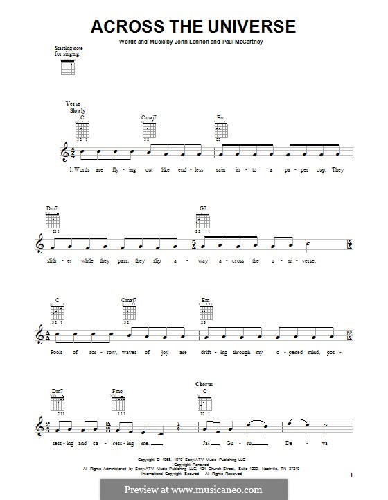 Across the Universe (The Beatles): For guitar by John Lennon, Paul McCartney