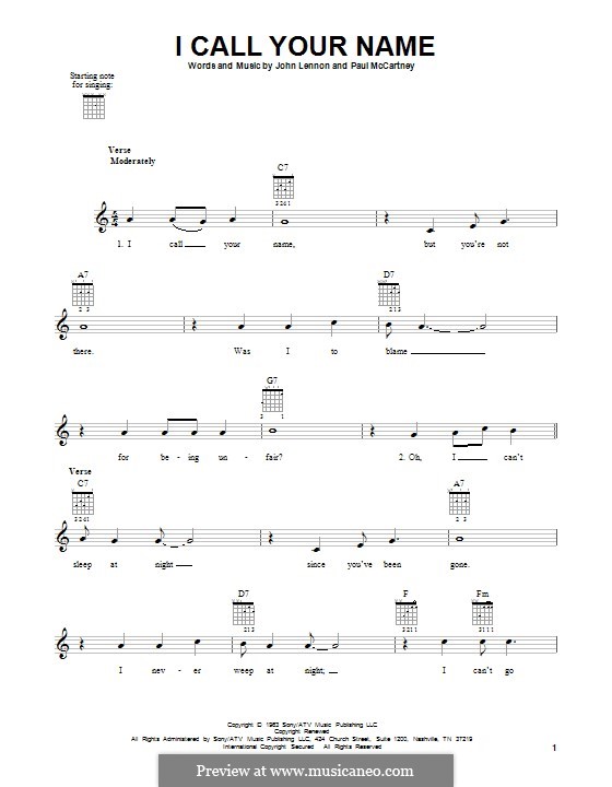 I Call Your Name (The Beatles): For guitar by John Lennon, Paul McCartney