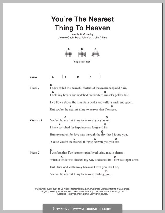 You're the Nearest Thing to Heaven: Lyrics and chords by Johnny Cash, Hoyt Johnson, Jim Atkins