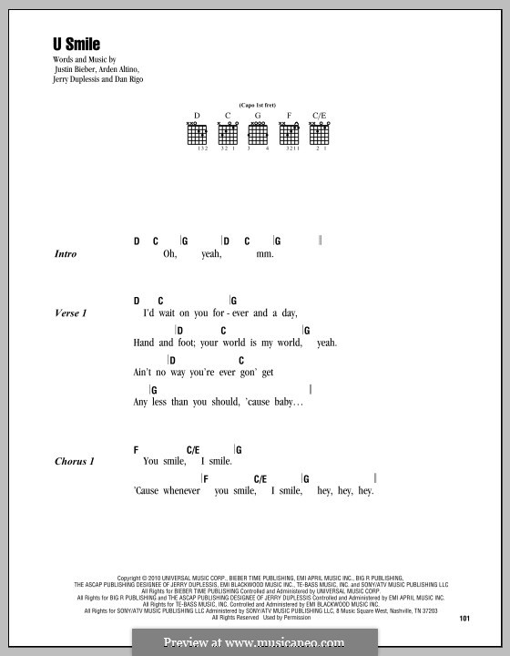 U Smile (Justin Bieber): Lyrics and chords by Arden Altino, Dan Rigo, Jerry Duplessis