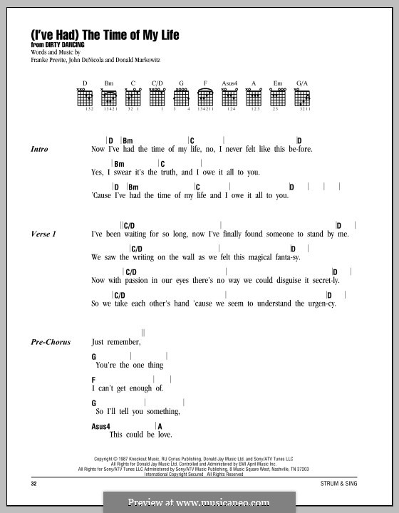 (I've Had) The Time of My Life (from Dirty Dancing): Lyrics and chords by Donald Markowitz, Franke Previte, John DeNicola