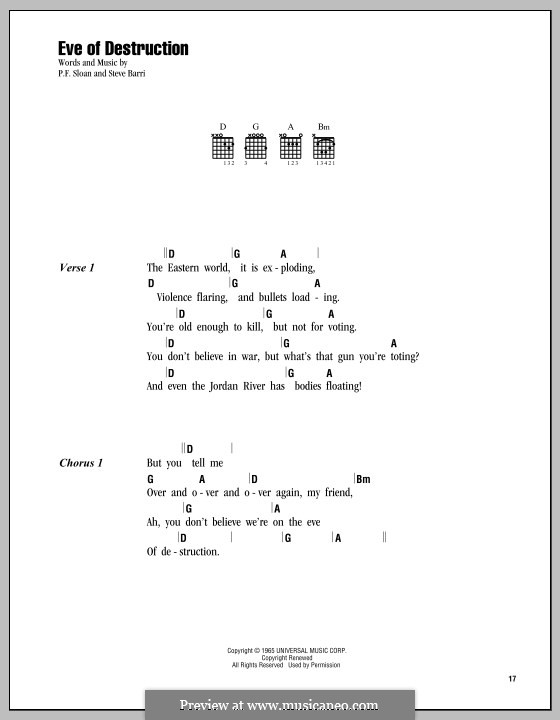 Eve of Destruction (Barry McGuire): Lyrics and chords by P.F. Sloan, Steve Barri