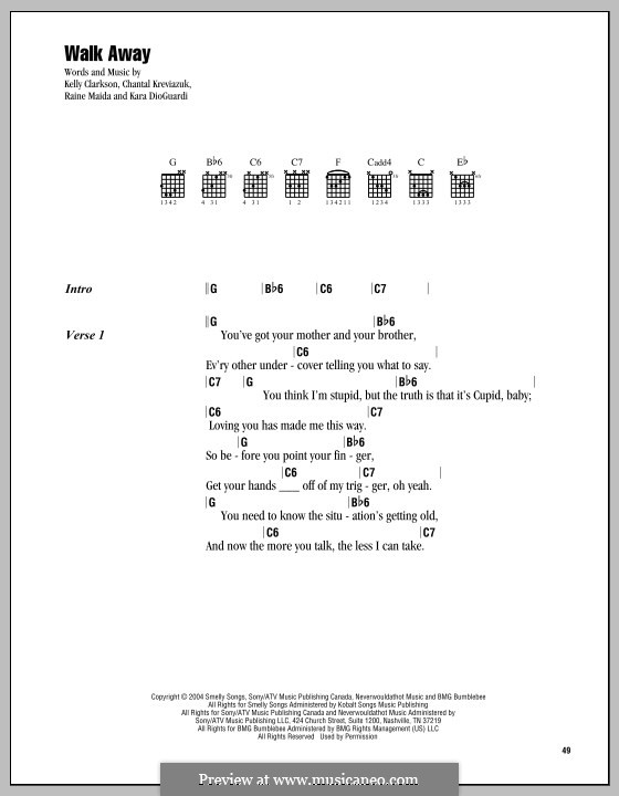 Walk Away: Lyrics and chords by Chantal Kreviazuk, Kara DioGuardi, Kelly Clarkson, Raine Maida