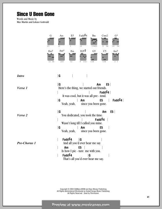 Since U Been Gone (Kelly Clarkson): Lyrics and chords by Lukas Gottwald, Max Martin