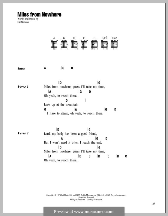 Miles from Nowhere: Lyrics and chords by Cat Stevens