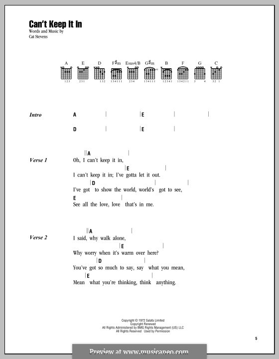 Can't Keep It in: Lyrics and chords by Cat Stevens