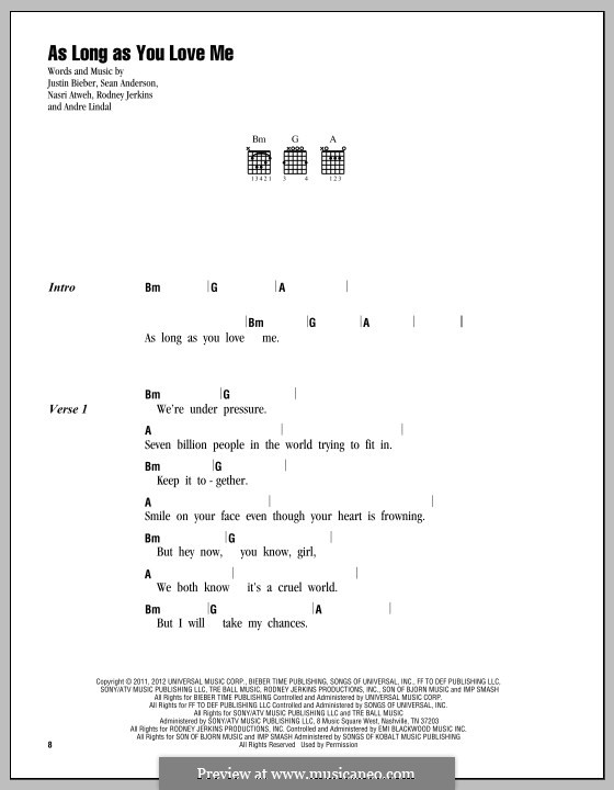 As Long as You Love Me: Lyrics and chords by Andre Lindal, Justin Bieber, Nasri Atweh, Rodney Jerkins, Sean Anderson