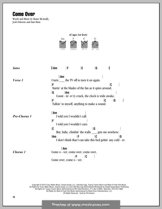 Come Over (Kenny Chesney): Lyrics and chords by Shane McAnally, Sam Hunt, Josh Osborne