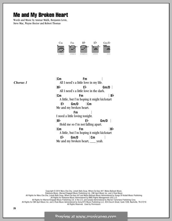 Me and My Broken Heart (Rixton): Lyrics and chords by Ammar Malik, Benjamin Levin, Rob Thomas, Steve Mac, Wayne Anthony Hector