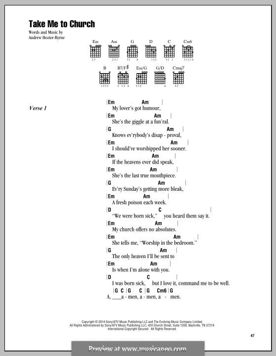 Take Me To Church Hozier Tekst Take Me To Church (Hozier) by A. Hozier-Byrne - sheet music on MusicaNeo