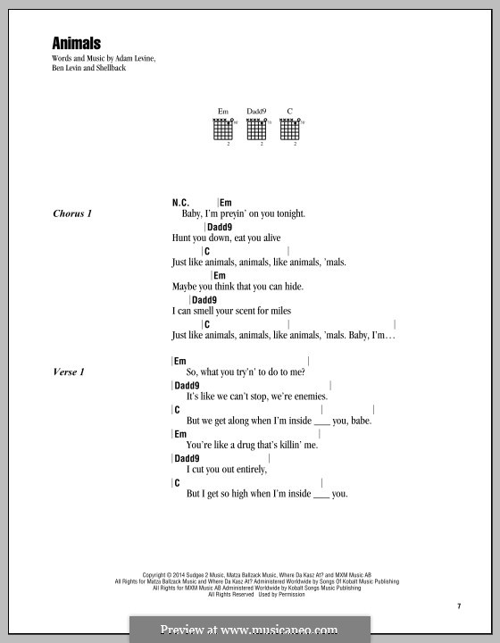 Animals (Maroon 5): Lyrics and chords by Shellback, Adam Levine, Benjamin Levin