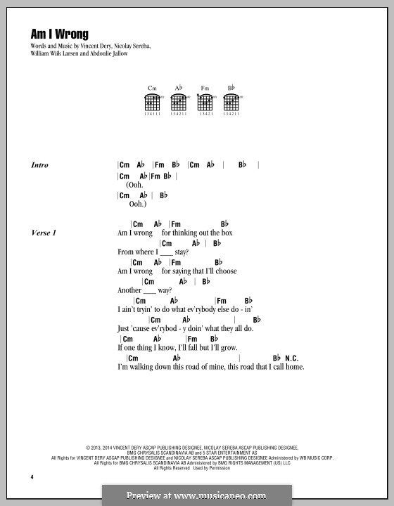 Am I Wrong by N. Sereba, V. Dery, W. Larsen - sheet music on MusicaNeo