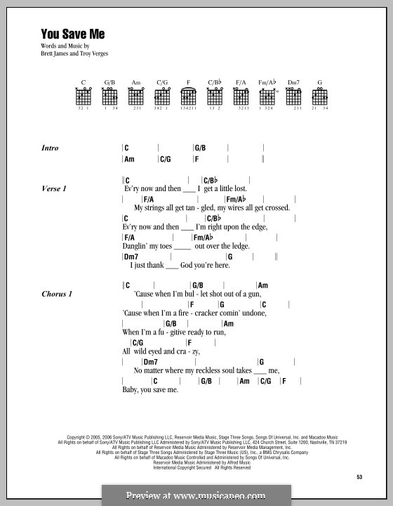 You Save Me: Lyrics and chords by Brett James, Troy Verges