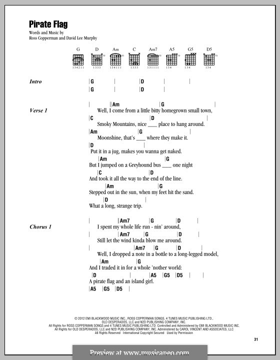 Pirate Flag (Kenny Chesney): Lyrics and chords by David Lee Murphy, Ross Co...