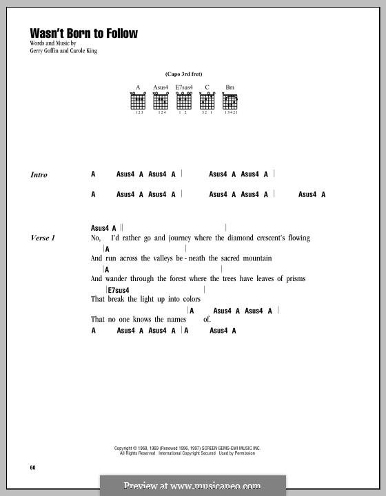 Wasn't Born To Follow: Lyrics and chords by Carole King, Gerry Goffin