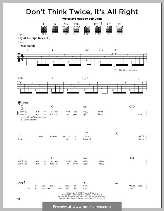 Don't Think Twice, It's All Right sheet music for guitar (tablature)