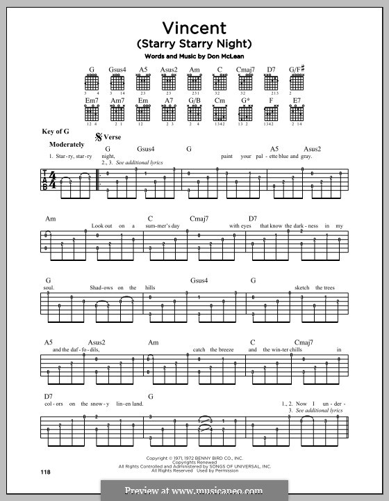 Vincent (Starry Starry Night): For guitar by Don McLean