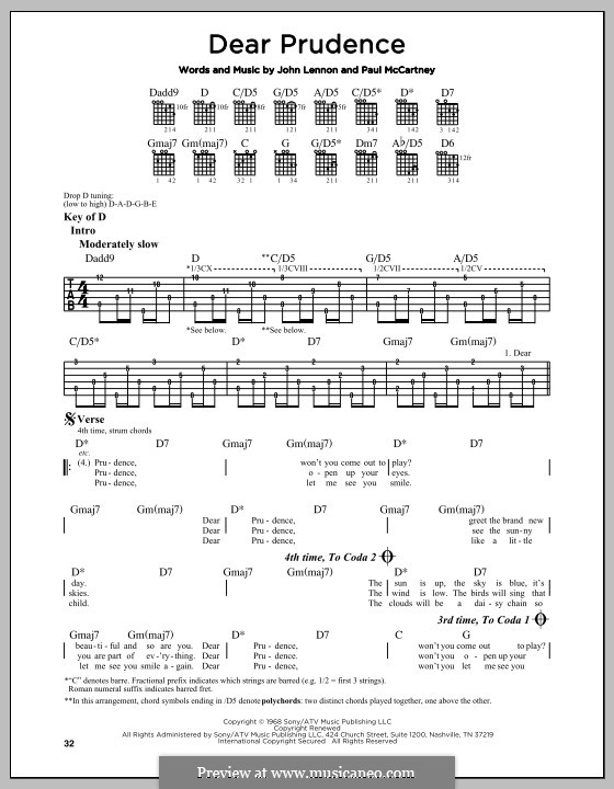 Dear Prudence (The Beatles): For guitar by John Lennon, Paul McCartney