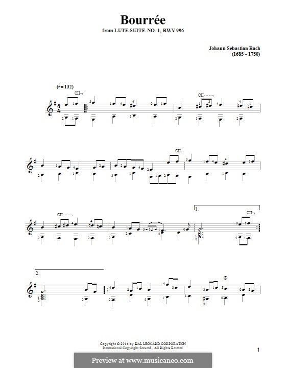 Suite for Lute (or Harpsichord) in E Minor, BWV 996: Bourrée. Version for guitar by Johann Sebastian Bach