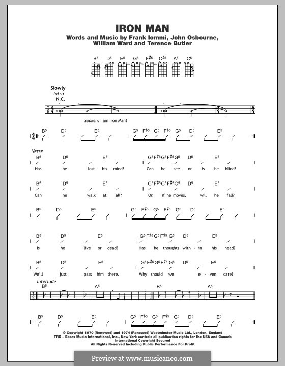 Iron Man (Black Sabbath): For ukulele by Geezer Butler, Ozzy Osbourne, Tony Iommi, Bill Ward