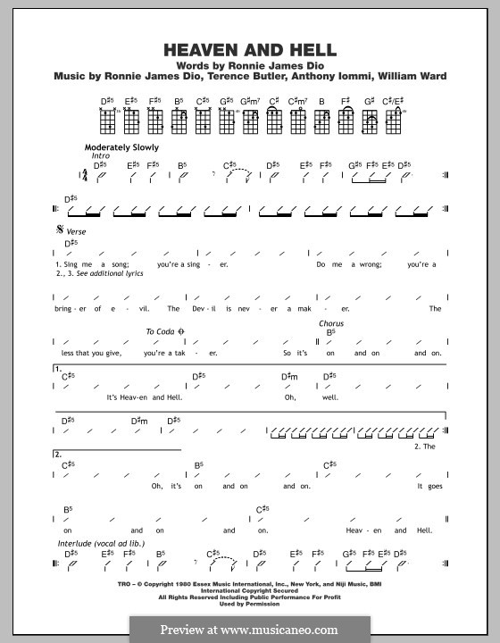 Heaven and Hell (Black Sabbath): For ukulele by Geezer Butler, Ronnie James Dio, Tony Iommi, Bill Ward